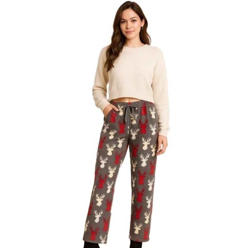 Victory Lounge Pajama Pants Womens XXL Fleece Cabin Cozy Elk Warm Gray Red White